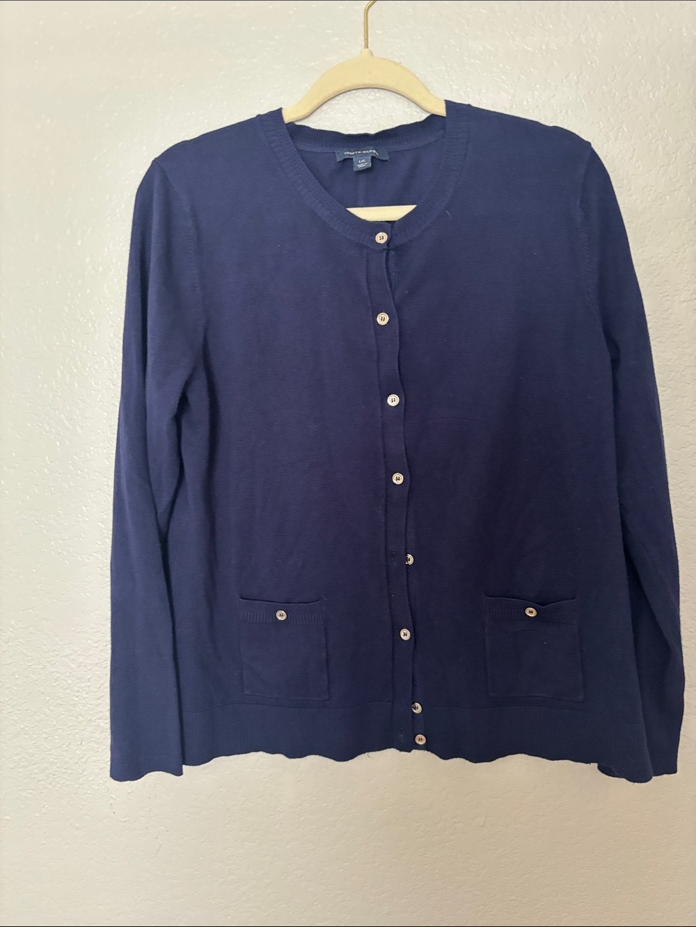 Tommy Hilfiger Large cardigan nylon rayon blend gold buttons NWOT navy